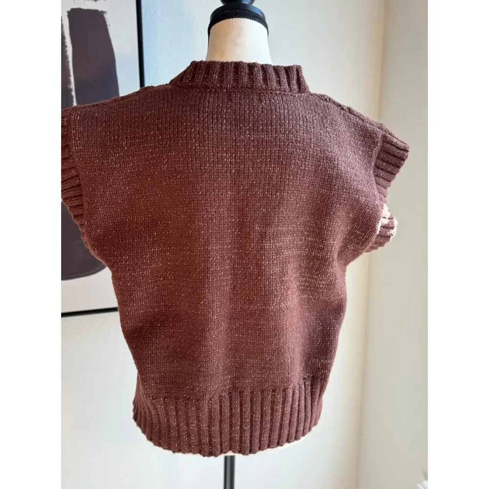 OntWelfth Metallic Knit Sleeveless Sweater Vest with Pearls – Brown Shimmer, XL - Picture 12 of 15